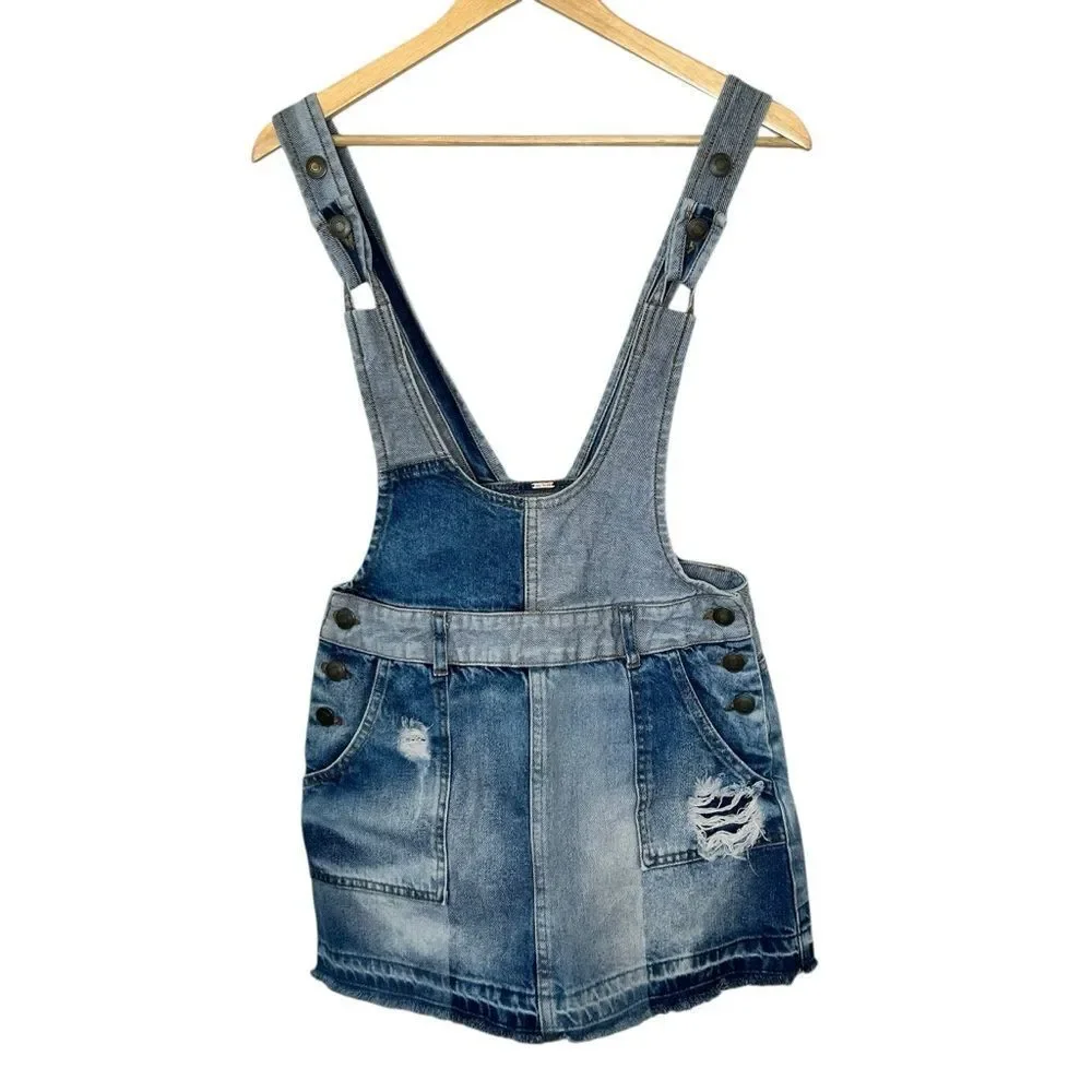 Free People Patchwork Blues Patchwork Light Blue Denim Overall Skirt size small